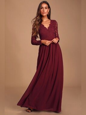 Lulus Awaken My Soul Burgundy Long Sleeve Lace Maxi Dress